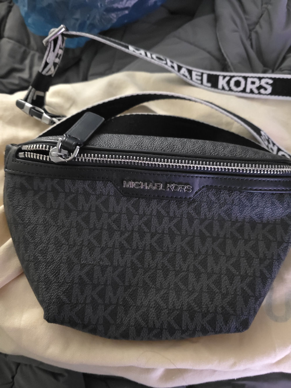 Michael Kors Black Monogram Belt Bag with Branded Strap